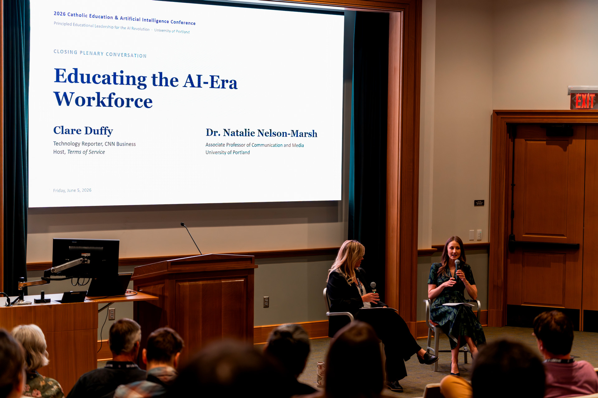 Clare Duffy and Natalie Nelson-Marsh on stage at the AI and Catholic Education conference at UP.