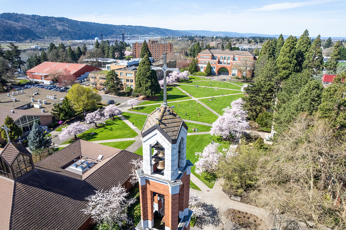 aerial photo of the quad from behind the chapel and bell tower