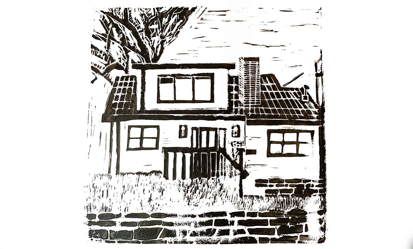 Woodblock print of a house