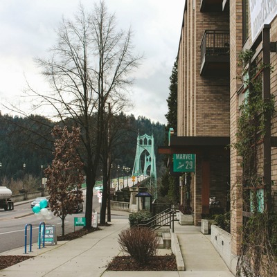 view of St. John's Bridge from Pizza Nostra