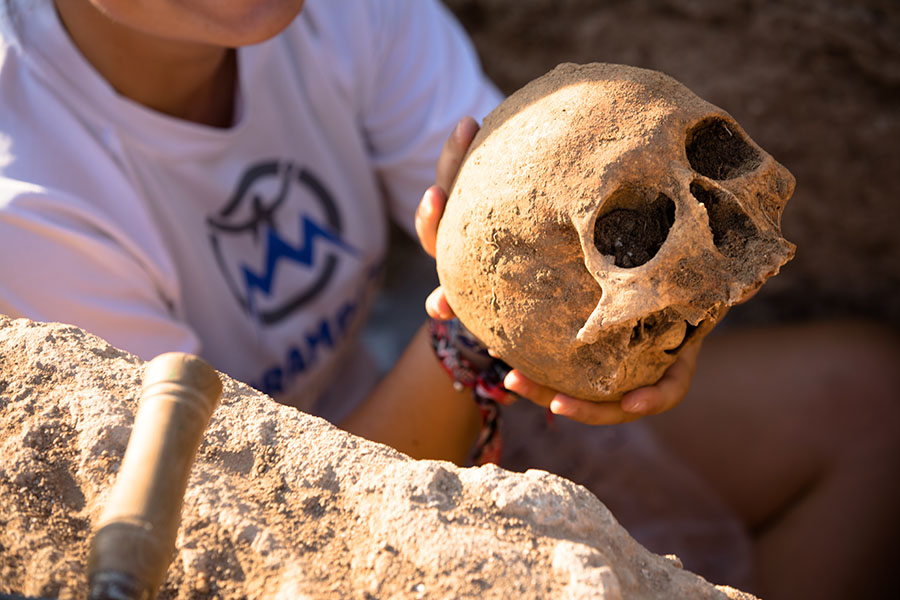 hands cradling a skull at an archeological dig site