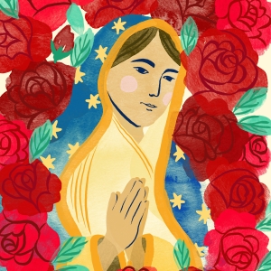 An illustration of Our Lady of Guadalupe surrounded by roses.