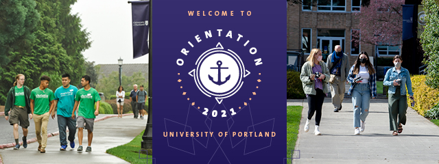 Orientation banner Logo and Students Walking