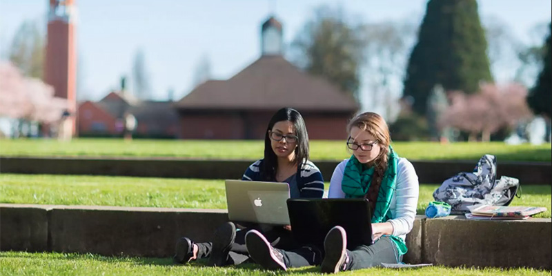photo of two girls sitting outside using laptops