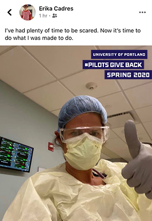 Facebook screenshot of female nurse in scrubs with caption "I've had plenty of time to be scared. Now it's time to do what I was made to do."