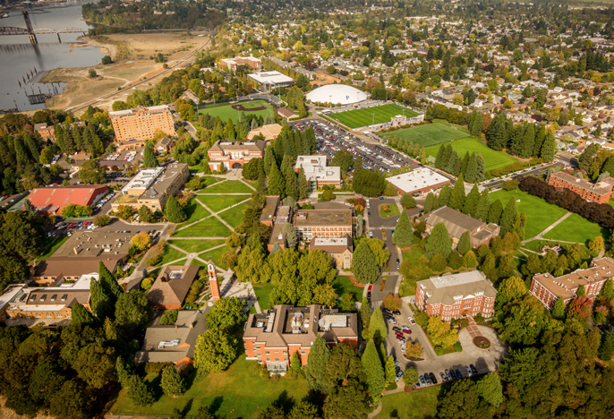 Aerial view of the University of Portland campus.
