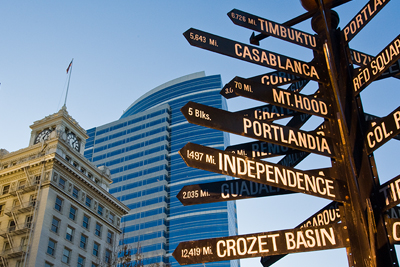 Signpost in Pioneer Courthouse Square with directions to cities worldwide.