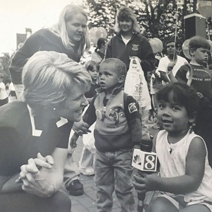 Nancy chats with girl with microphone