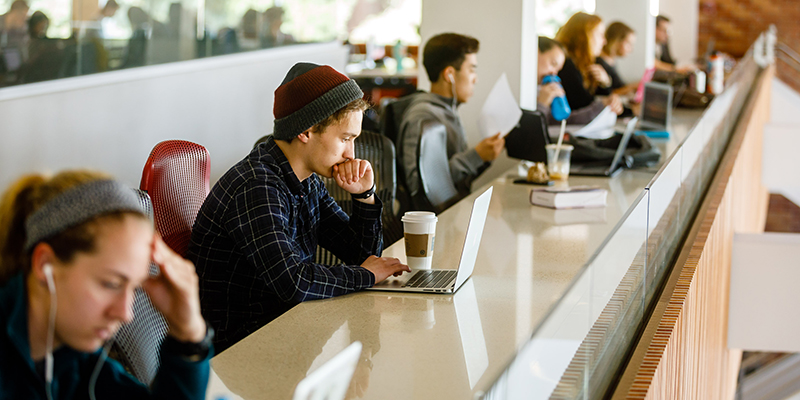 students studying in library with laptops