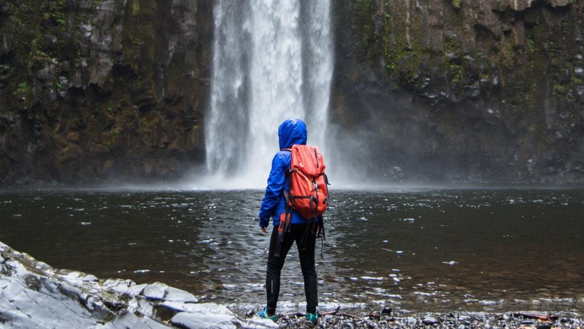hiking at a waterfall