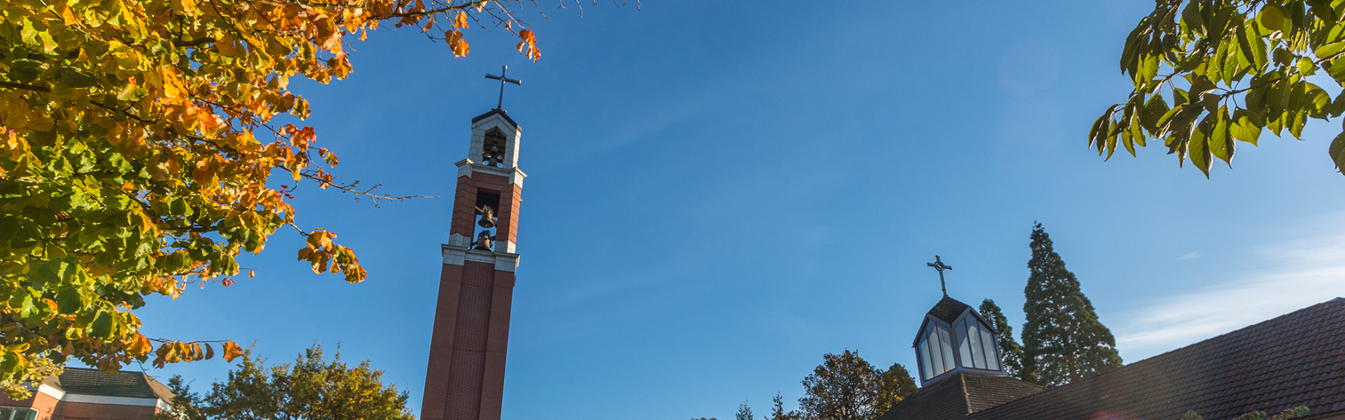 Autumn leaves and the Bell Tower and Chapel of Christ the Teacher
