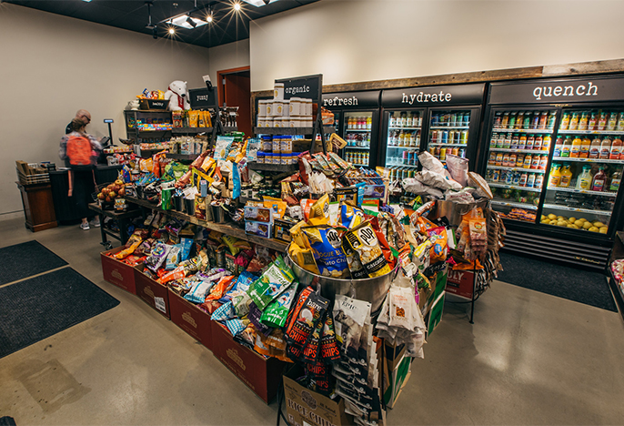 Baskets of snack food for sale in Mack's Market