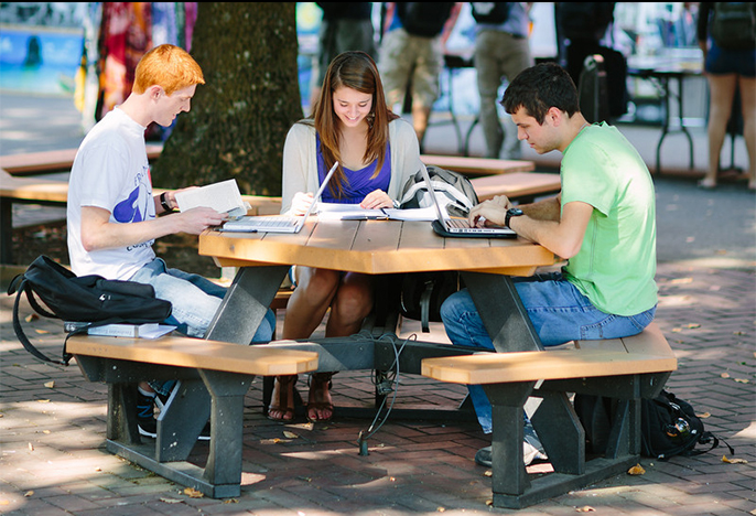 Students studying outside the Pilot House.