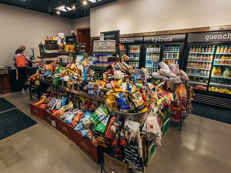Baskets of snack food for sale in Mack's Market