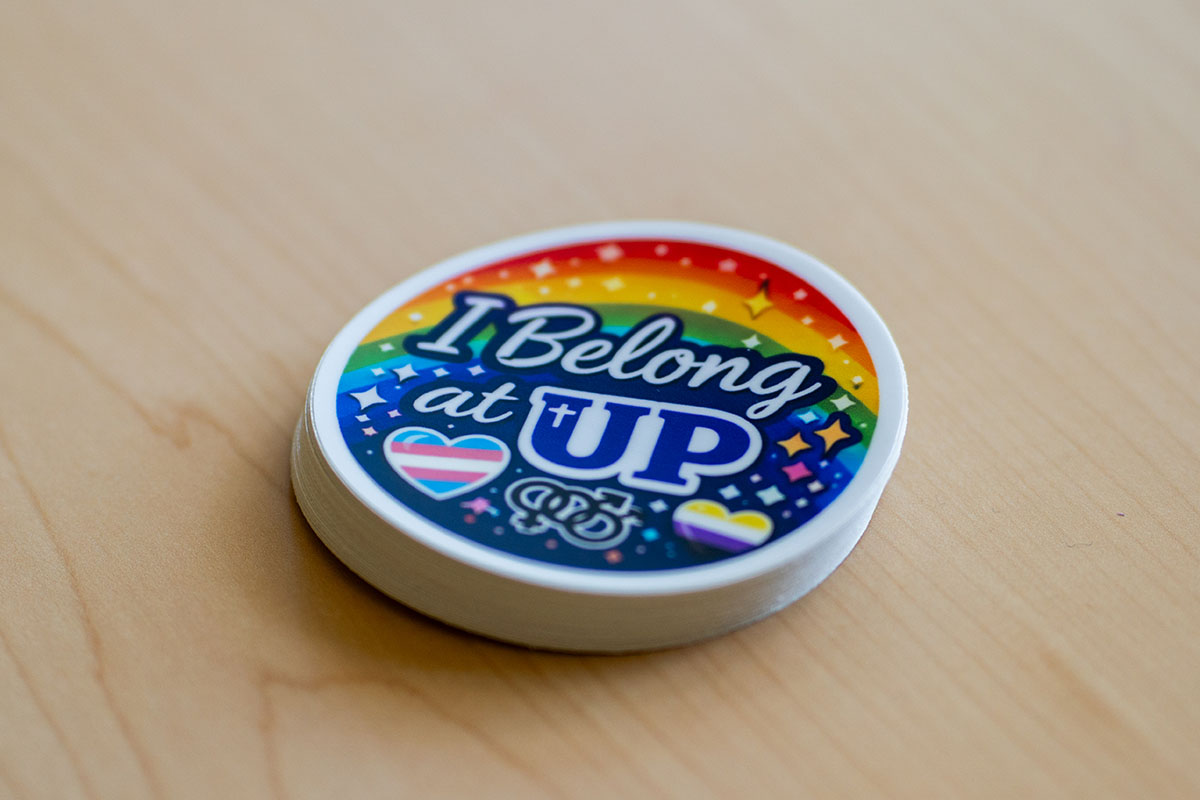Rainbow and sparkles sticker that says I belong at UP