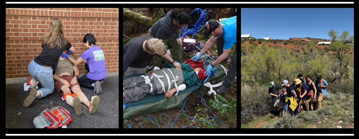Three images of students learning first aid